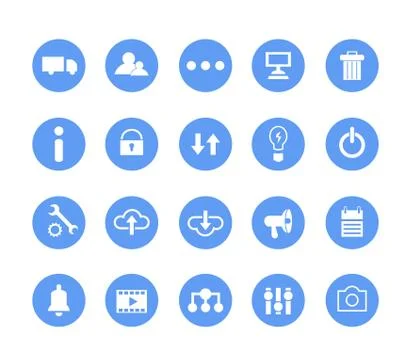 Set of vector illustrations of round icons, buttons and icons in blue Stock Illustration