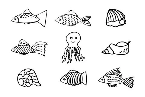 Set of vector illustrations of seashells, shells with pearls, octopus and fishes Stock Illustration