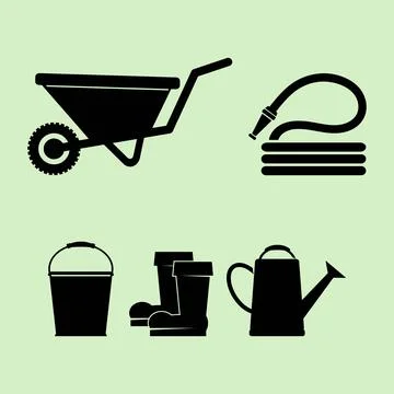 Set of vector illustrations of silhouettes of garden wheelbarrow, hose, rubbe 스톡 일러스트