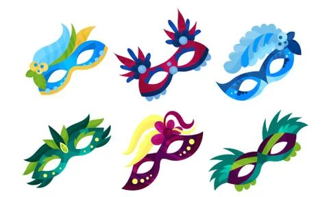 Set Of Vector Illustrations With Six Bright Colorful Carnival Masks Stockillustratie