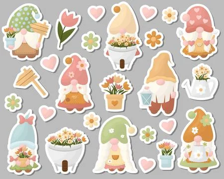 Set of vector illustrations stickers garden gnomes with flowers Stock Illustration