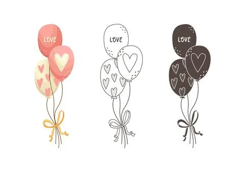 A set of vector illustrations of three balloons with hearts. Valentine's day  Illustrazione stock