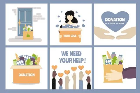 Set of vector illustrations on the topic of help and donations to those in ne Stock Illustration