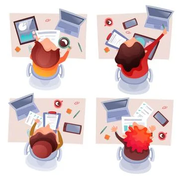 Set of vector illustrations, topview concept, people working in office with 스톡 일러스트
