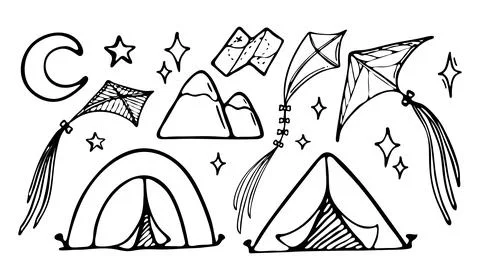 Set of vector illustrations of tourism and camping equipment in doodle style. Illustrazione stock