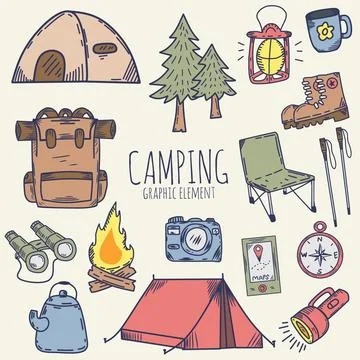 Set of vector illustrations of tourism and camping equipment in flat style Stock Illustration