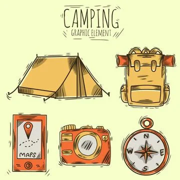 Set of vector illustrations of tourism and camping equipment in flat style Stock Illustration