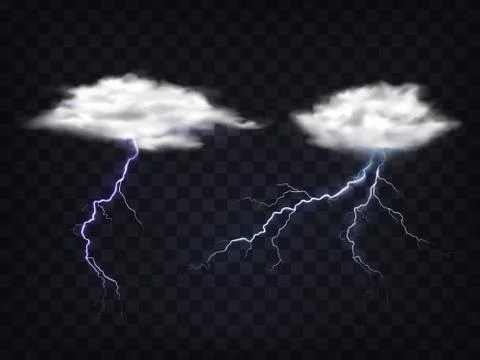 Set of vector illustrations of transparent white clouds with lightning charge. Stock-Illustration