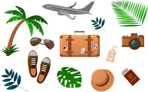 A set of vector illustrations for travel. A collection of items for leisure o Stock Illustration
