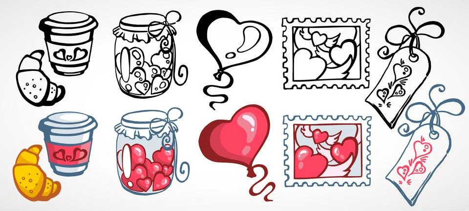 Set of vector illustrations for Valentine s day. Simple, minimalistic, holida Stock Illustration