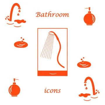 Set of vector illustrations of variety bathroom elements: faucet, liquid soap 스톡 일러스트