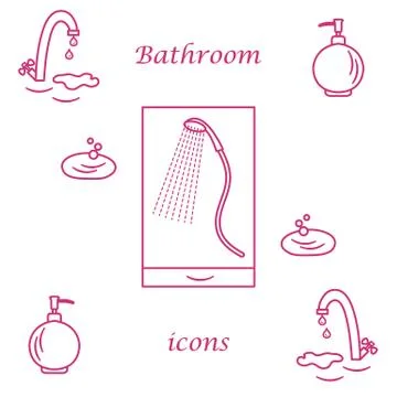 Set of vector illustrations of variety bathroom elements: faucet, liquid soap 스톡 일러스트