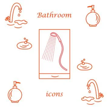 Set of vector illustrations of variety bathroom elements: faucet, liquid soap Illustrazione stock