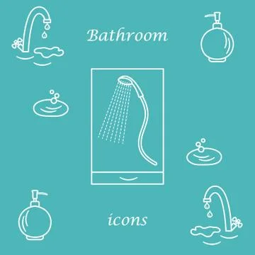 Set of vector illustrations of variety bathroom elements: faucet, liquid soap Illustrazione stock