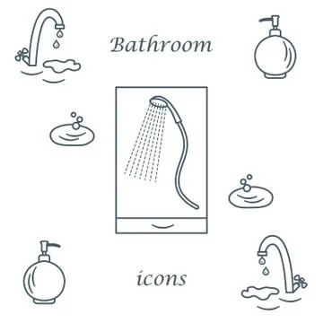 Set of vector illustrations of variety bathroom elements: faucet, liquid soap Illustrazione stock