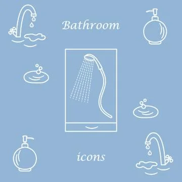 Set of vector illustrations of variety bathroom elements: faucet, liquid soap Illustrazione stock
