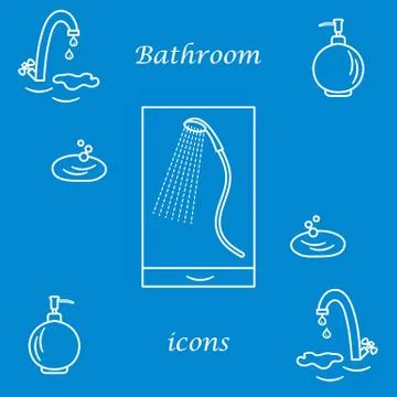 Set of vector illustrations of variety bathroom elements: faucet, liquid soap Illustrazione stock