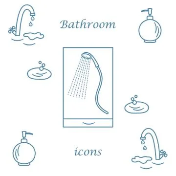 Set of vector illustrations of variety bathroom elements: faucet, liquid soap Illustrazione stock