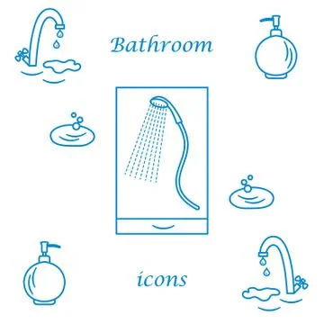 Set of vector illustrations of variety bathroom elements: faucet, liquid soap Illustrazione stock