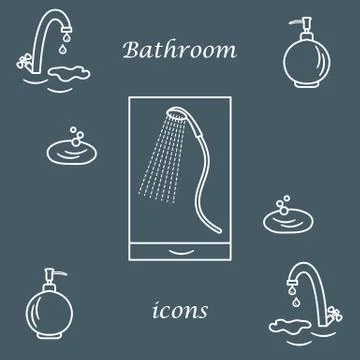 Set of vector illustrations of variety bathroom elements: faucet, liquid soap Illustrazione stock