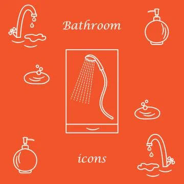 Set of vector illustrations of variety bathroom elements: faucet, liquid soap Stock Illustration