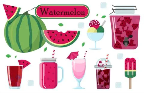 Set of vector illustrations of watermelon and food from it. Watermelon smoothie Stock Illustration