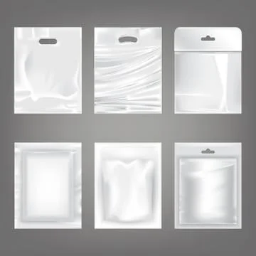Set of vector illustrations of white plastic empty bags, packaging Stock Illustration