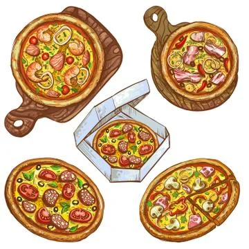Set of vector illustrations whole pizza and slice, pizza on a wooden board Stock-Illustration