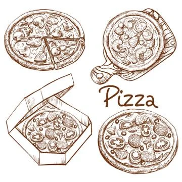 Set of vector illustrations whole pizza and slice, pizza on a wooden board Stock Illustration