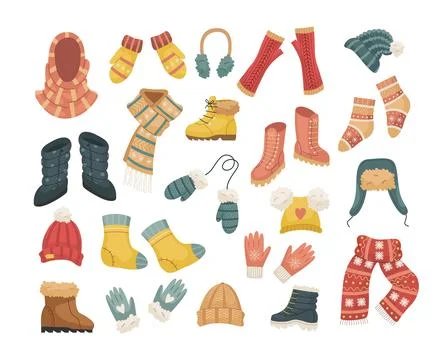 A set of vector illustrations of winter hats. Hat, snood, headphones, gloves, Stock Illustration