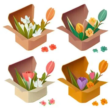 Set vector illustrtion of flower in pack box mail isolated Stock Illustration