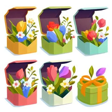 Set vector illustrtion of flower in pack box mail isolated Illustrazione stock