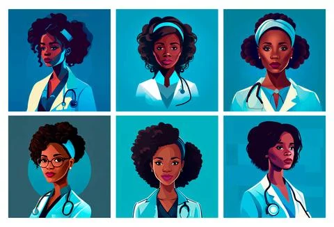 Set vector ilustration of afro american female doctor international health day Illustrazione stock