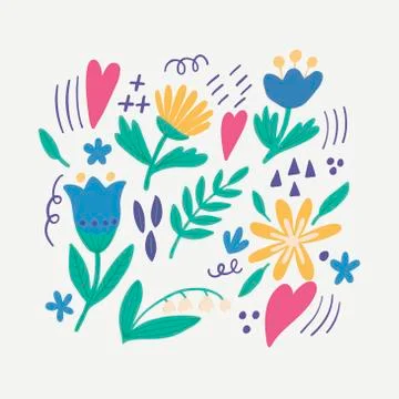 Set of vector images of blue, yellow flowers, leaves and small objects on white Stock Illustration