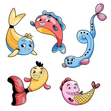 Set of vector images of a five different colorful cartoonstyle drawn fishes Stock Illustration