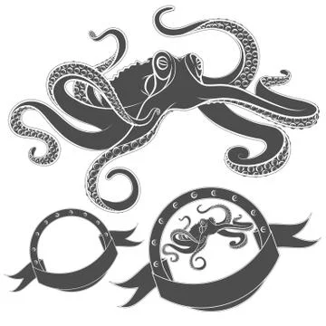 Set of vector images with octopus. Isolated objects on a white. Stock Illustration