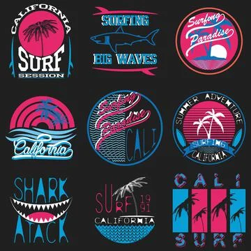 Set of vector images of t-shirts with summer and surf themes. Surfing. For us Stock Illustration