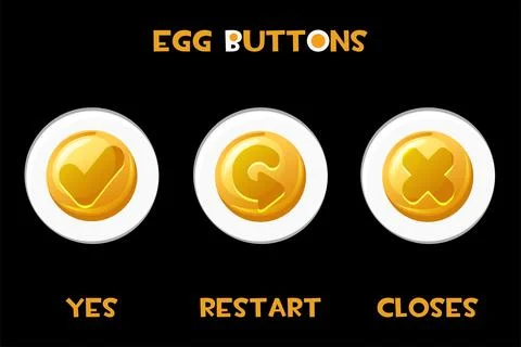 Set of vector isolated buttons eggs closes, restart, yes. Stock Illustration