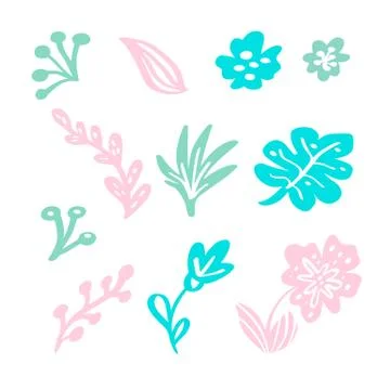 Set of vector isolated flat floral elements on white background. Summer Illustrazione stock
