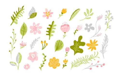 Set of Vector isolated flat flower on white background. Spring scandinavian Illustrazione stock