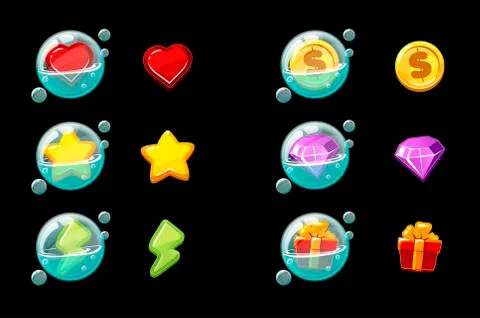 Set of vector isolated game icons in bubbles. Stock Illustration