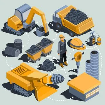 Set of vector isometric isolated elements of the coal mining industry Stock Illustration