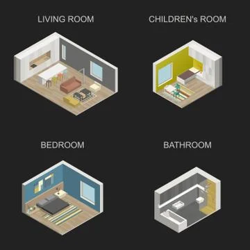 Set of vector isometric rooms. Stock Illustration