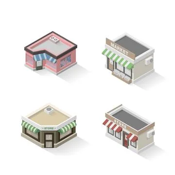 Set of vector isometric stores. Shop, restaurant, market, store. Stock-Illustration