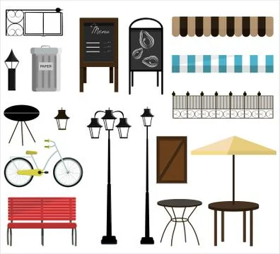 A set of vector items for street, Park or garden design. Bench, bicycles, fence Ilustración de archivo