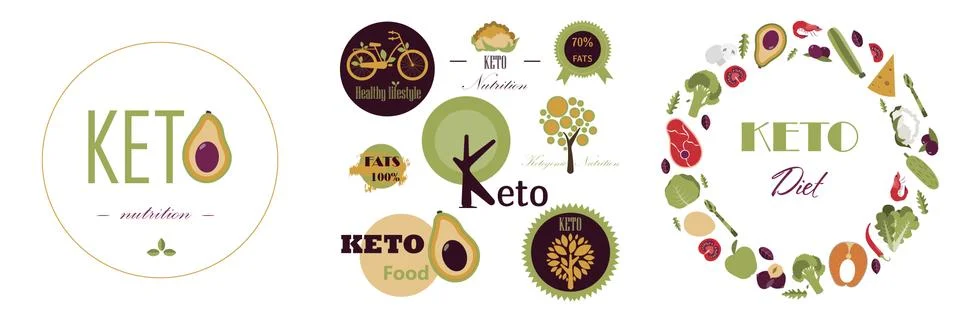 Set of vector keto logos. Pyramid of nutrition on the keto diet. Foods Stock Illustration