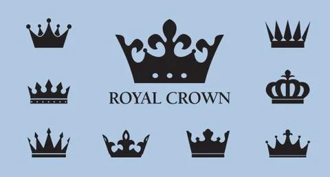 Set of vector king crowns icon on blue background. Vector Illustration. Emble Illustrazione stock