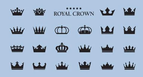 Set of vector king crowns icon on blue background. Vector Illustration. Illustrazione stock