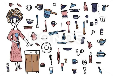 Set of vector kitchen equipments and housekeeper in doodle style. Collection Stock Illustration