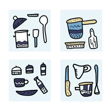 Set of vector kitchen equipments in doodle style. Collection of kitchen dishe Stock Illustration